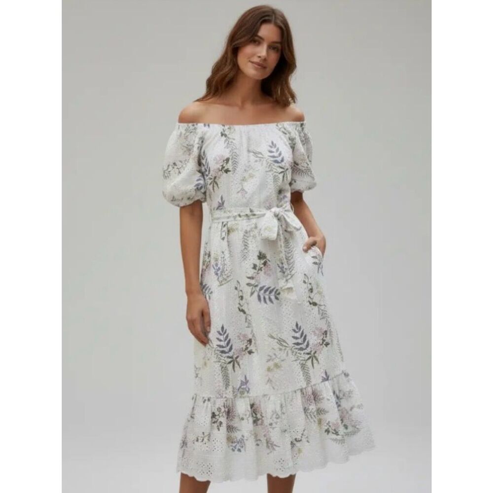 Just Me Cotton Eyelet Puff Sleeve Midi Waist Tie Tiered OffShoulder Floral Dress